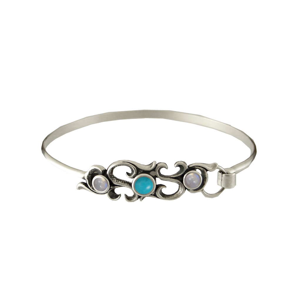 Sterling Silver Victorian Style Strap Latch Spring Hook Bangle Bracelet with Turquoise And Rainbow Moonstone